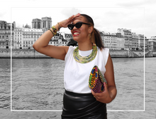 Charger l'image dans la galerie, collier multi-rangs femme tissu wax pagne vert doré or RETBA Shayza